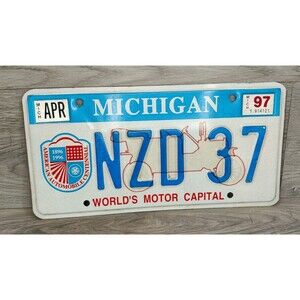 1997 Michigan License Plate World’s Motor Capital # NZD 37, Man Cave, Cabin, Bar